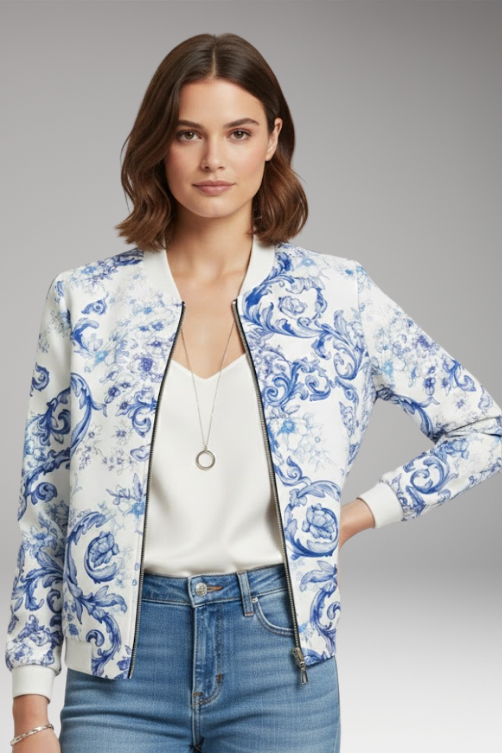 Women’s Bomber Jacket with Ribbed Collar and Zipper Closure