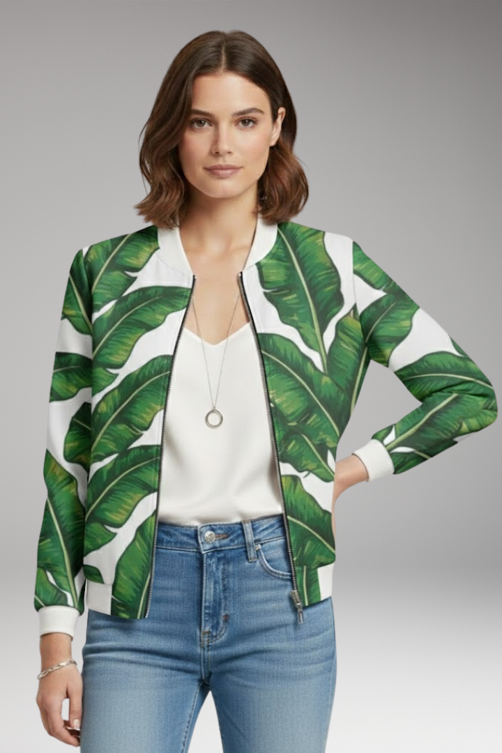 Women’s Bomber Jacket with Ribbed Collar and Zipper Closure