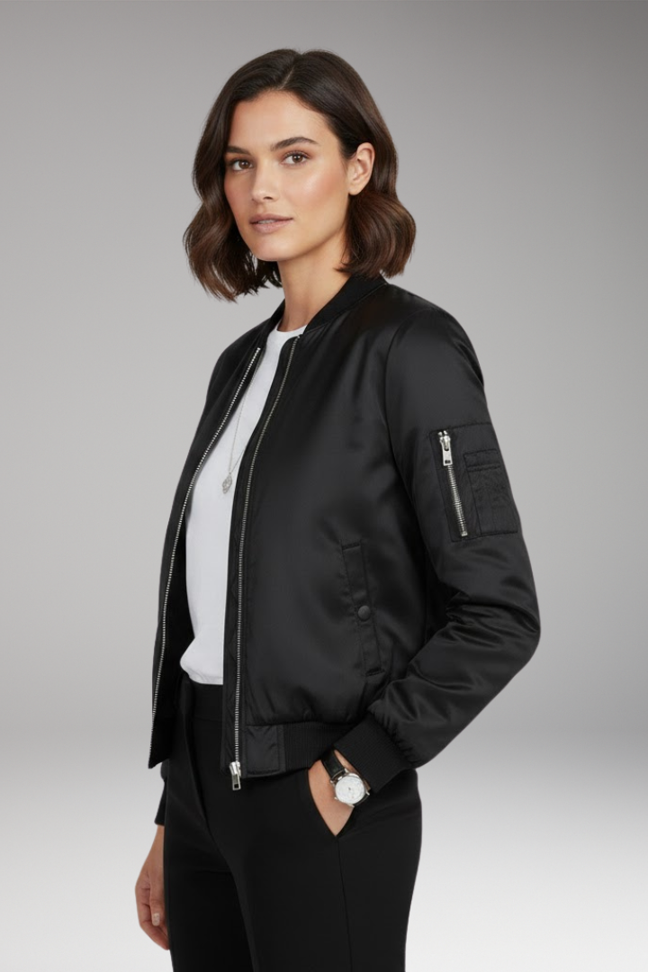 Women’s Bomber Jacket with Round Neck and Zip Closure