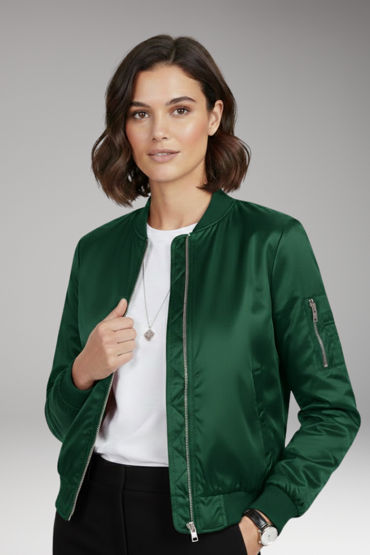 Women’s Bomber Jacket with Round Neck and Zip Closure