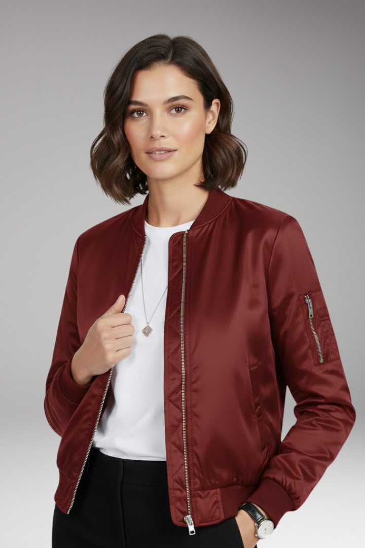 Women’s Bomber Jacket with Round Neck and Zip Closure