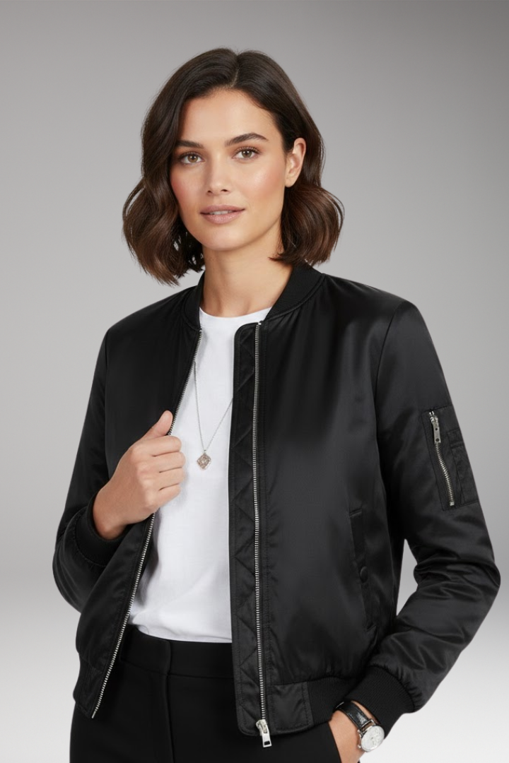 Women’s Bomber Jacket with Round Neck and Zip Closure