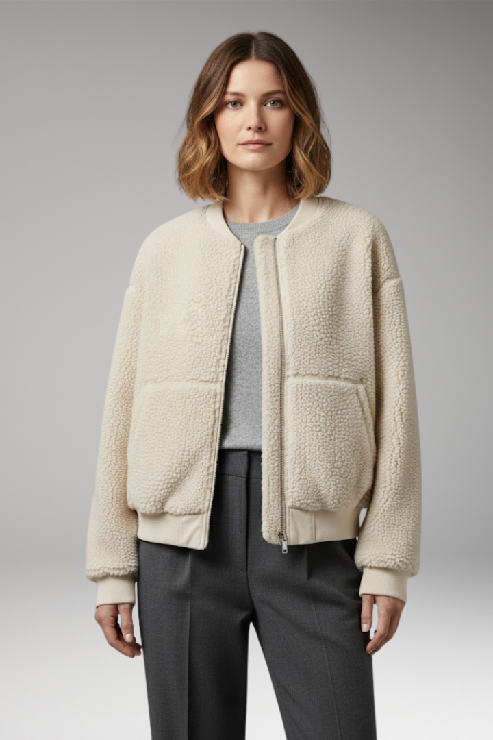 Women’s Bomber Jacket with Round Neckline and Front Closure