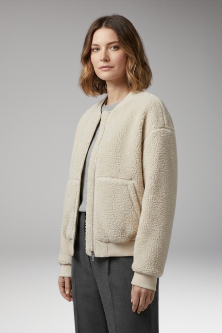Women’s Bomber Jacket with Round Neckline and Front Closure