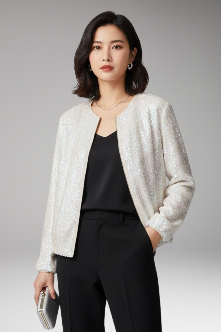 Women’s Bomber Jacket with Sequined Surface and Zipper
