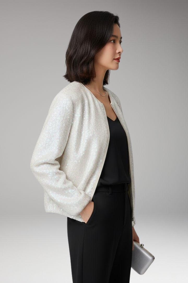 Women’s Bomber Jacket with Sequined Surface and Zipper