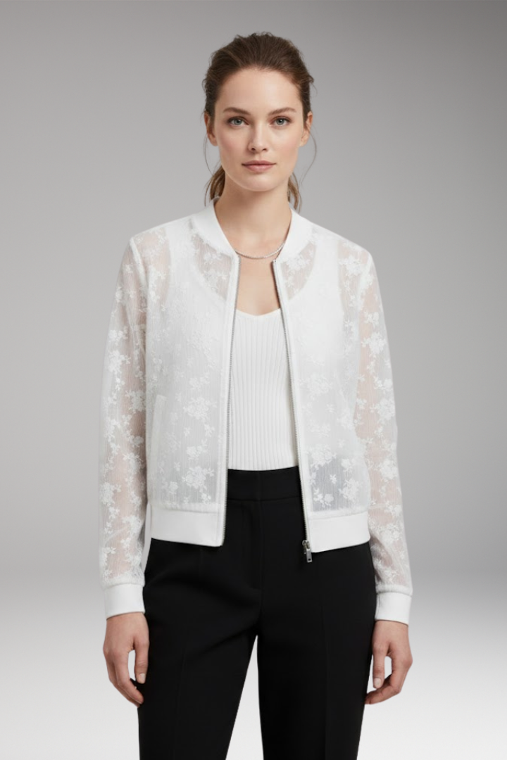 Women's Bomber Jacket with Transparent Surface and Floral Embroidery