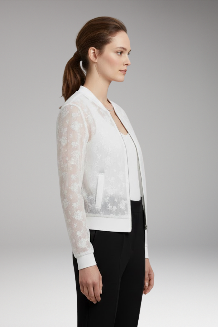 Women's Bomber Jacket with Transparent Surface and Floral Embroidery