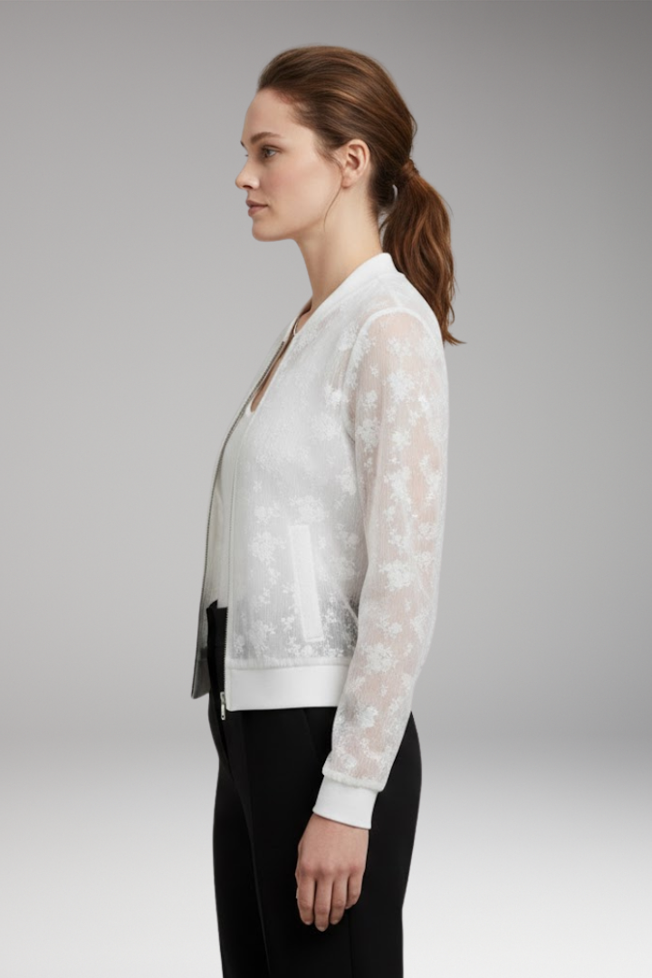 Women's Bomber Jacket with Transparent Surface and Floral Embroidery