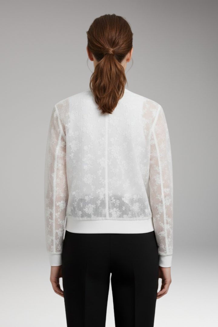 Women's Bomber Jacket with Transparent Surface and Floral Embroidery