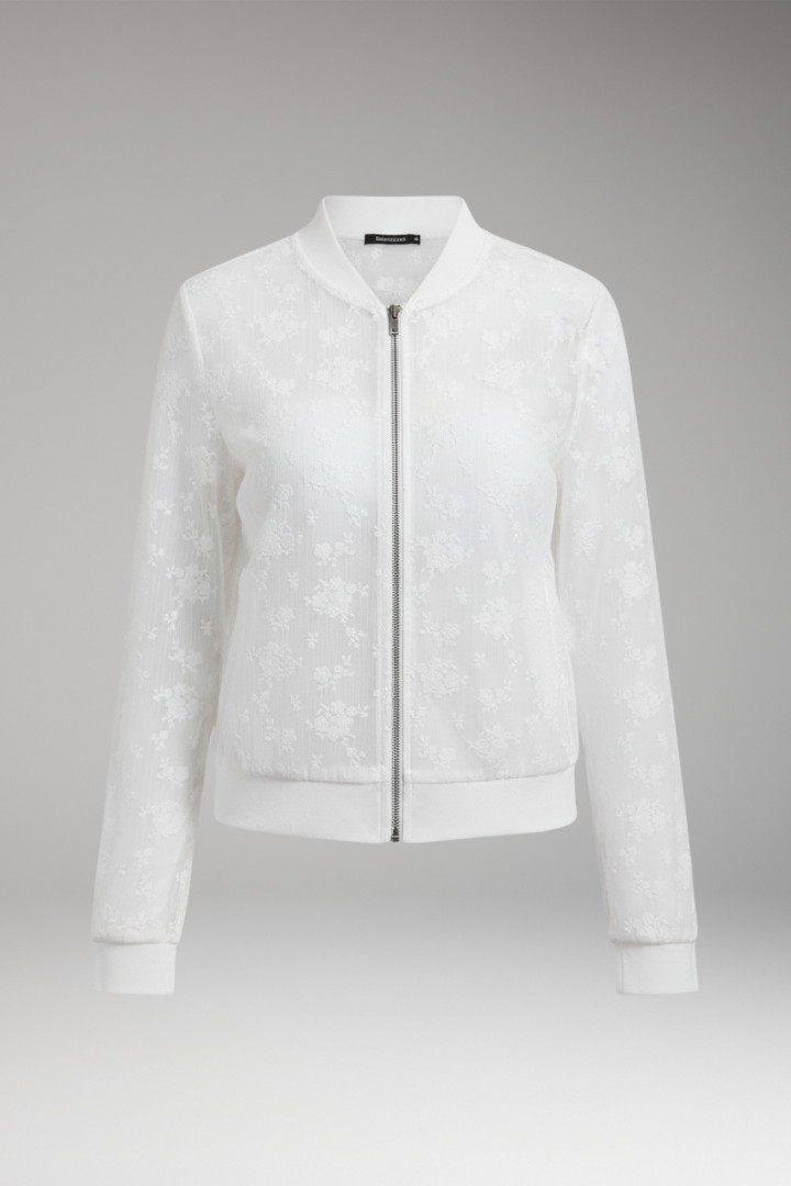 Women's Bomber Jacket with Transparent Surface and Floral Embroidery