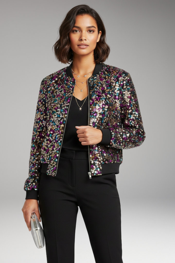 Women’s Bomber Jacket with V-Neckline and Polka Dot Surface