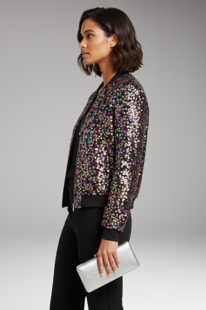 Women’s Bomber Jacket with V-Neckline and Polka Dot Surface