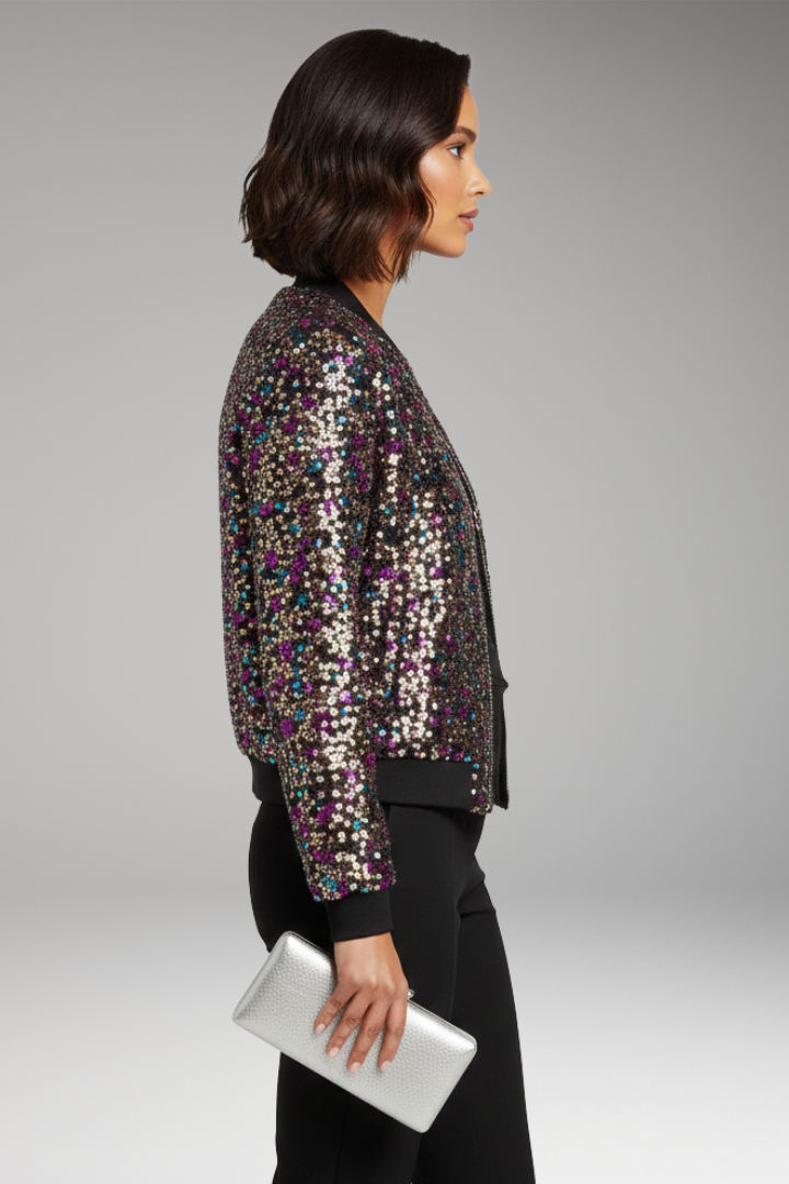 Women’s Bomber Jacket with V-Neckline and Polka Dot Surface