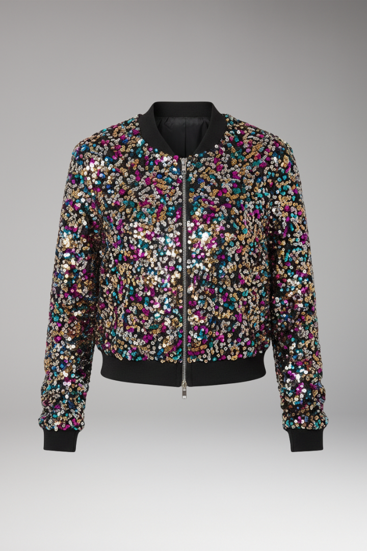 Women’s Bomber Jacket with V-Neckline and Polka Dot Surface