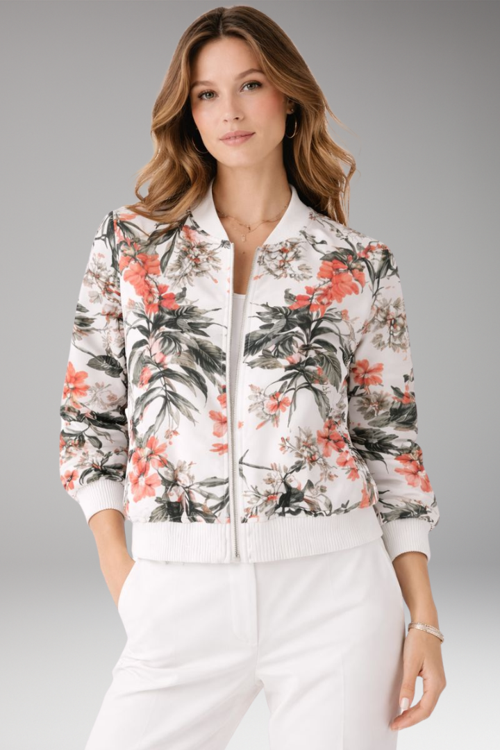 Women’s Bomber Jacket with Zipper Closure and Floral Surface