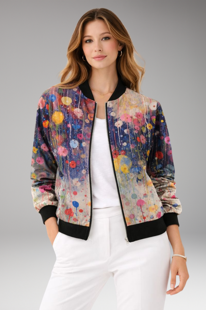 Women’s Bomber Jacket with Zipper Closure and Floral Surface
