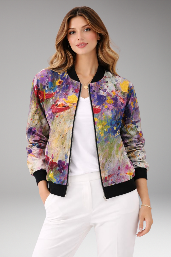 Women’s Bomber Jacket with Zipper Closure and Floral Surface
