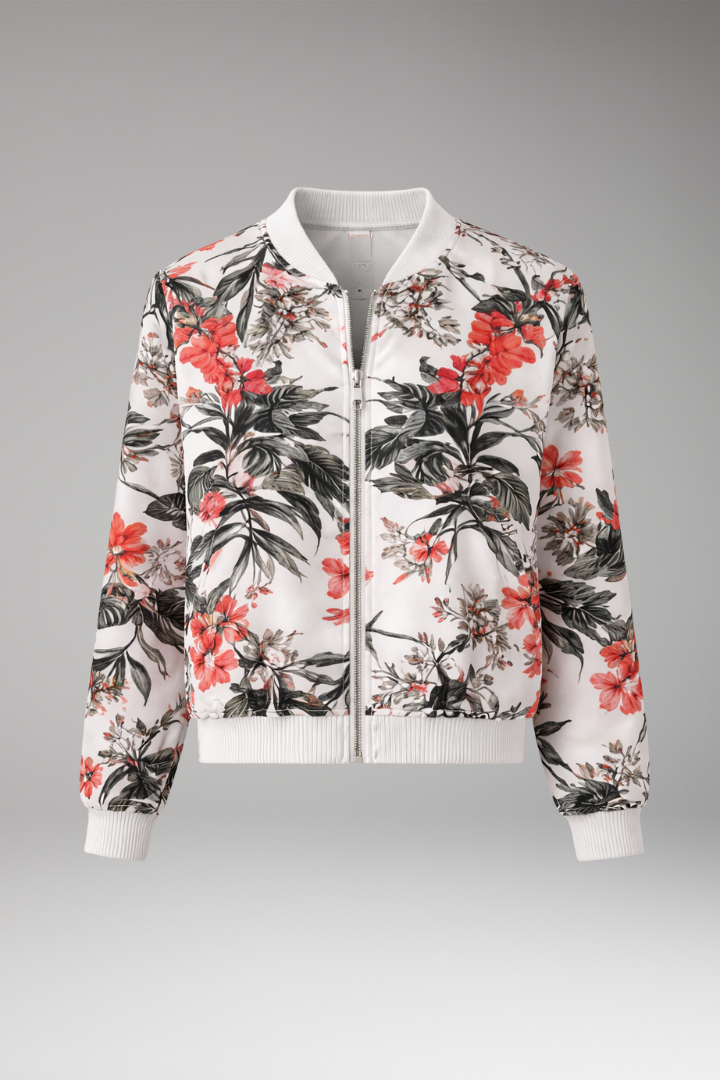 Women’s Bomber Jacket with Zipper Closure and Floral Surface