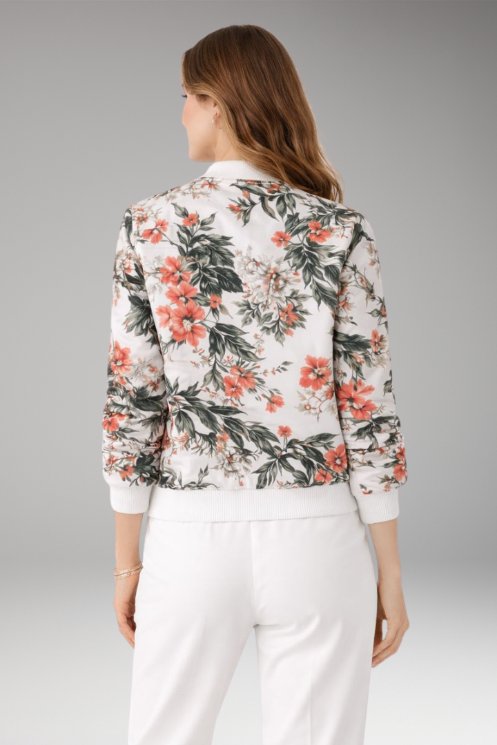 Women’s Bomber Jacket with Zipper Closure and Floral Surface
