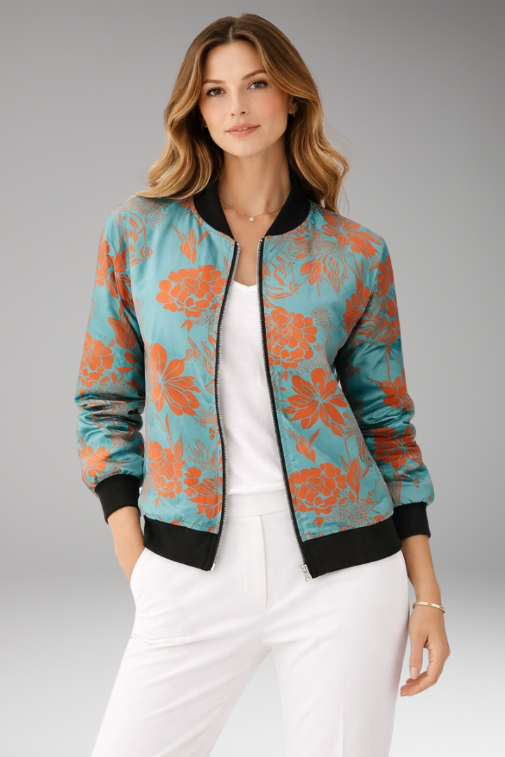 Women’s Bomber Jacket with Zipper Closure and Floral Surface