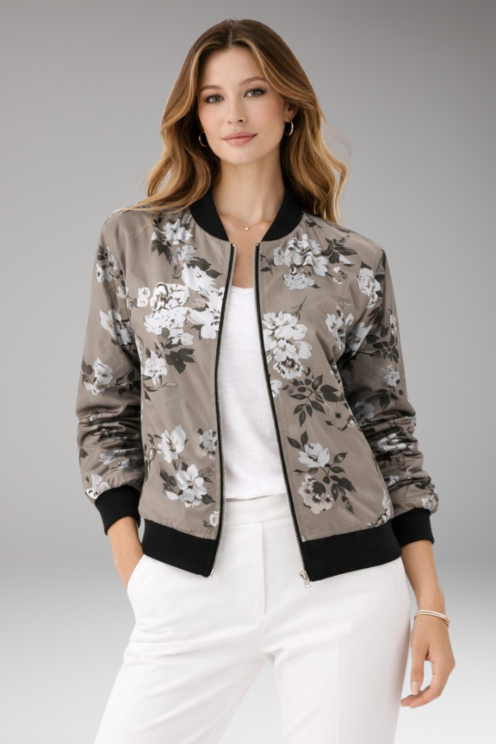 Women’s Bomber Jacket with Zipper Closure and Floral Surface