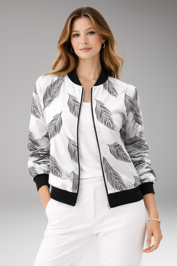 Women’s Bomber Jacket with Zipper Closure and Floral Surface