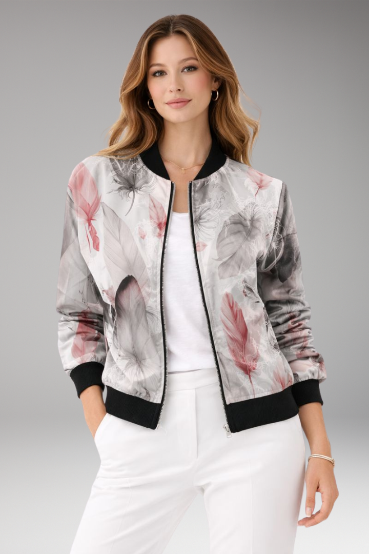 Women’s Bomber Jacket with Zipper Closure and Floral Surface