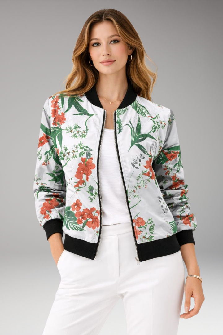 Women’s Bomber Jacket with Zipper Closure and Floral Surface
