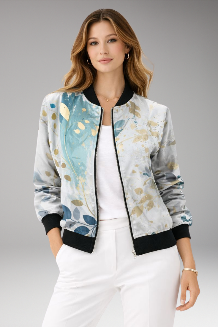 Women’s Bomber Jacket with Zipper Closure and Floral Surface