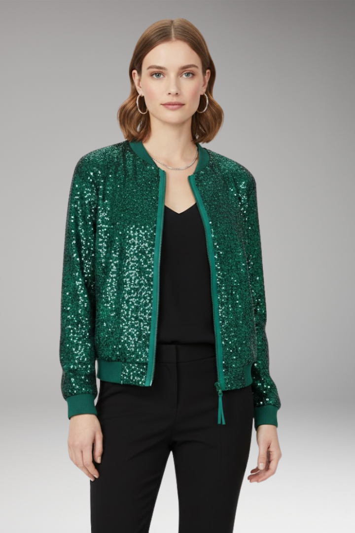 Women’s Bomber Jacket with Zipper and Glitter Appliqués