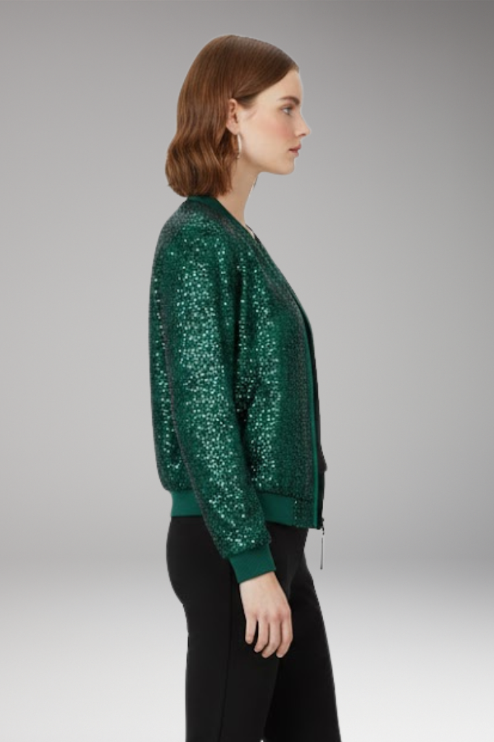 Women’s Bomber Jacket with Zipper and Glitter Appliqués