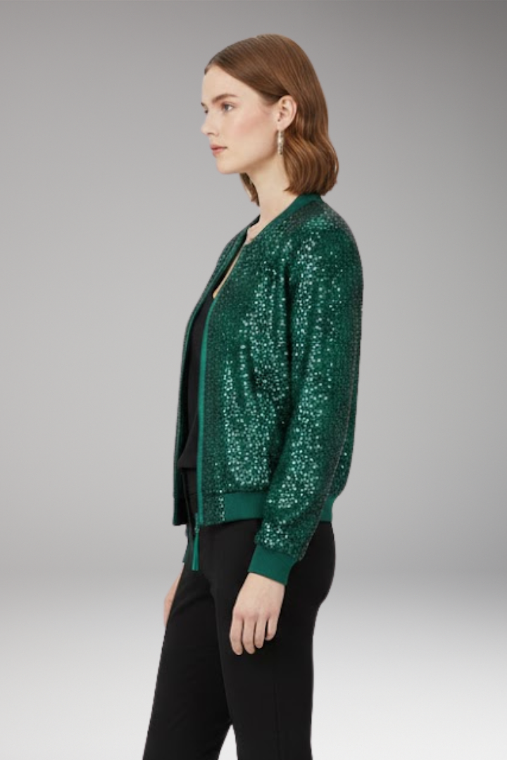 Women’s Bomber Jacket with Zipper and Glitter Appliqués