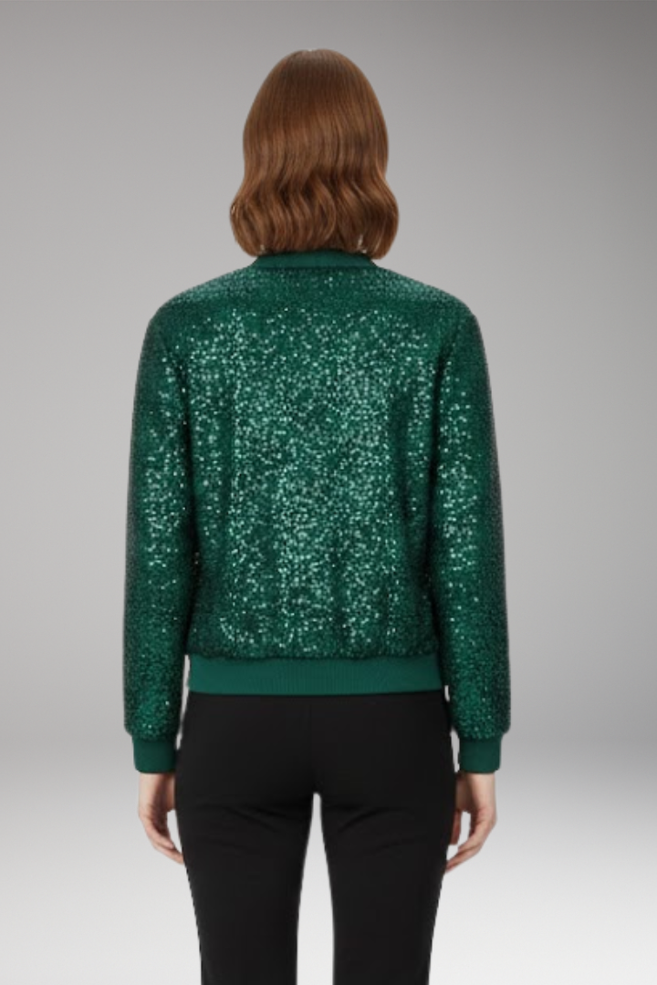 Women’s Bomber Jacket with Zipper and Glitter Appliqués
