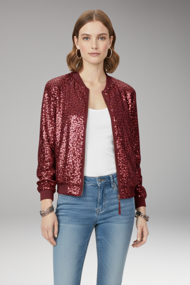 Women’s Bomber Jacket with Zipper and Glitter Appliqués