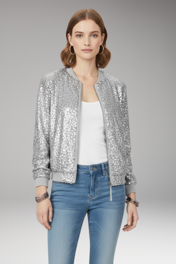 Women’s Bomber Jacket with Zipper and Glitter Appliqués