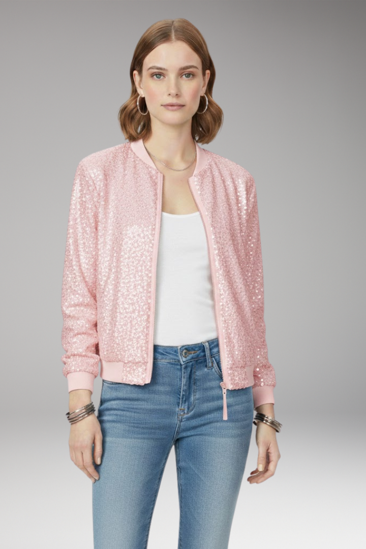 Women’s Bomber Jacket with Zipper and Glitter Appliqués