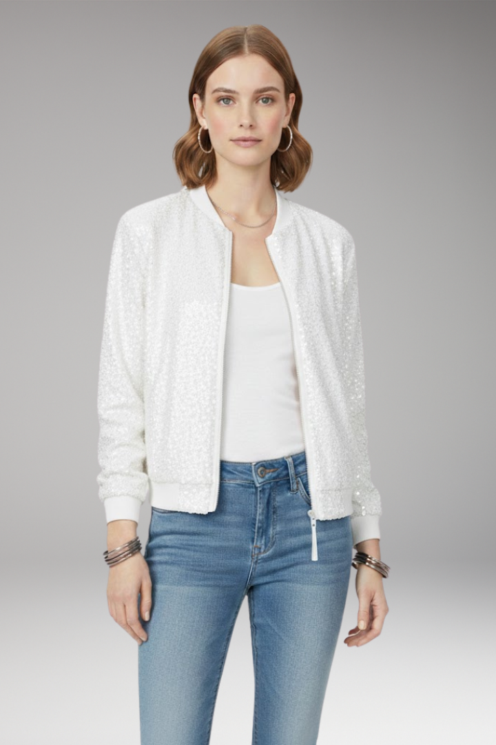 Women’s Bomber Jacket with Zipper and Glitter Appliqués