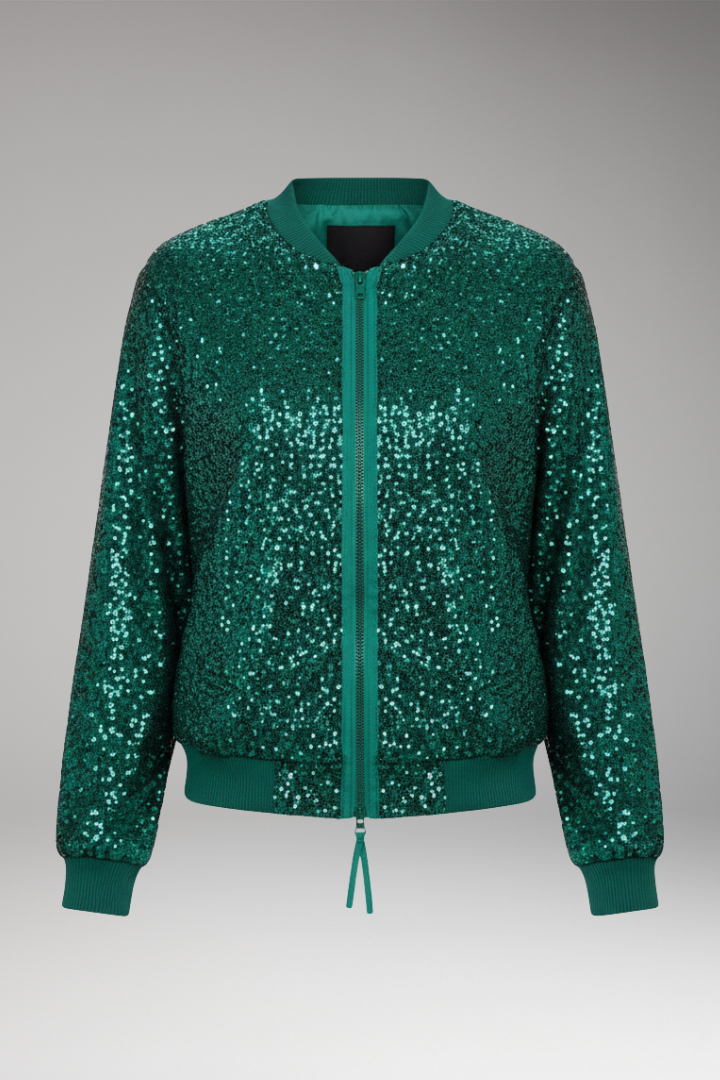 Women’s Bomber Jacket with Zipper and Glitter Appliqués
