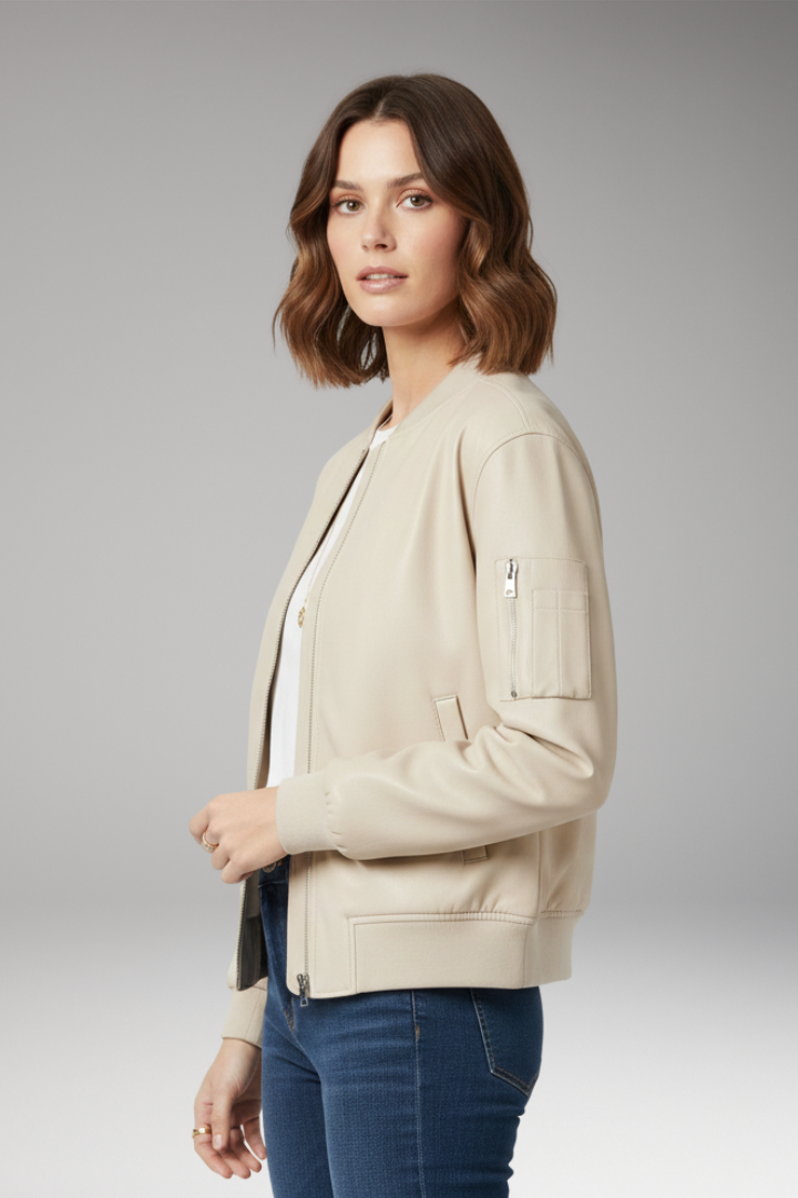 Women’s Bomber Jacket with Zipper and Ribbed Edges