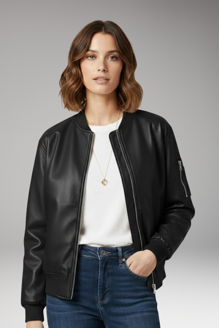 Women’s Bomber Jacket with Zipper and Ribbed Edges