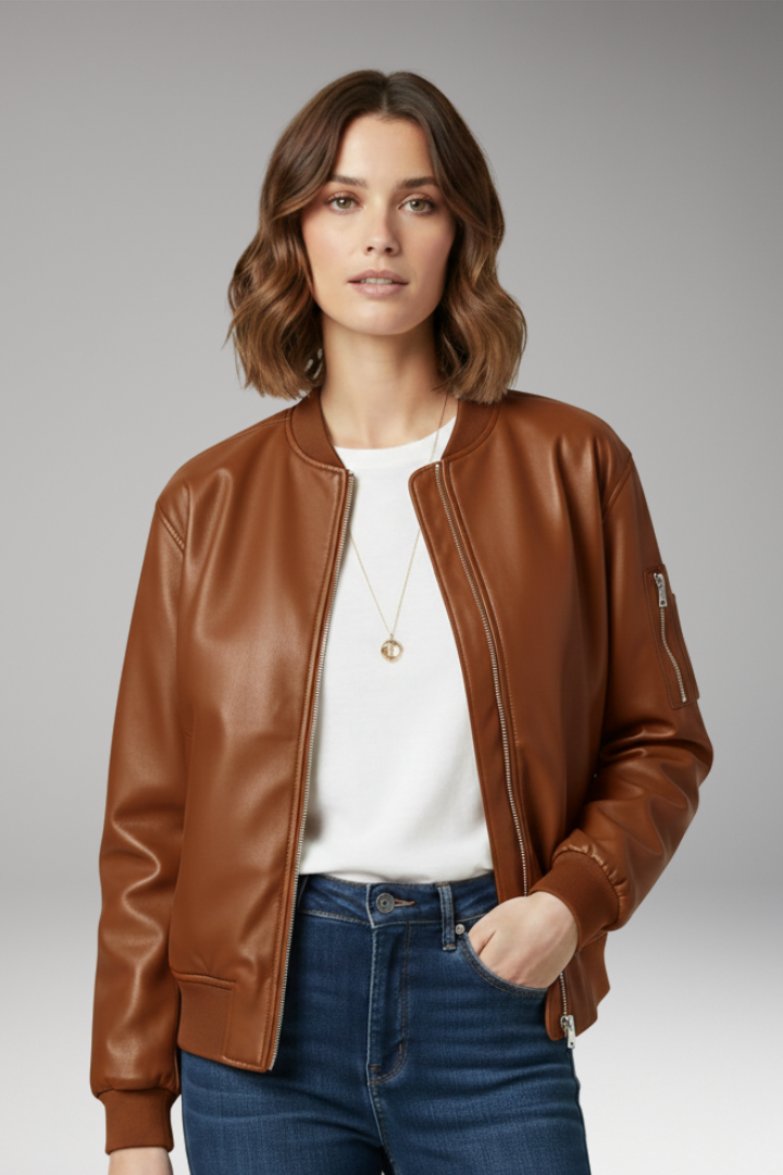 Women’s Bomber Jacket with Zipper and Ribbed Edges