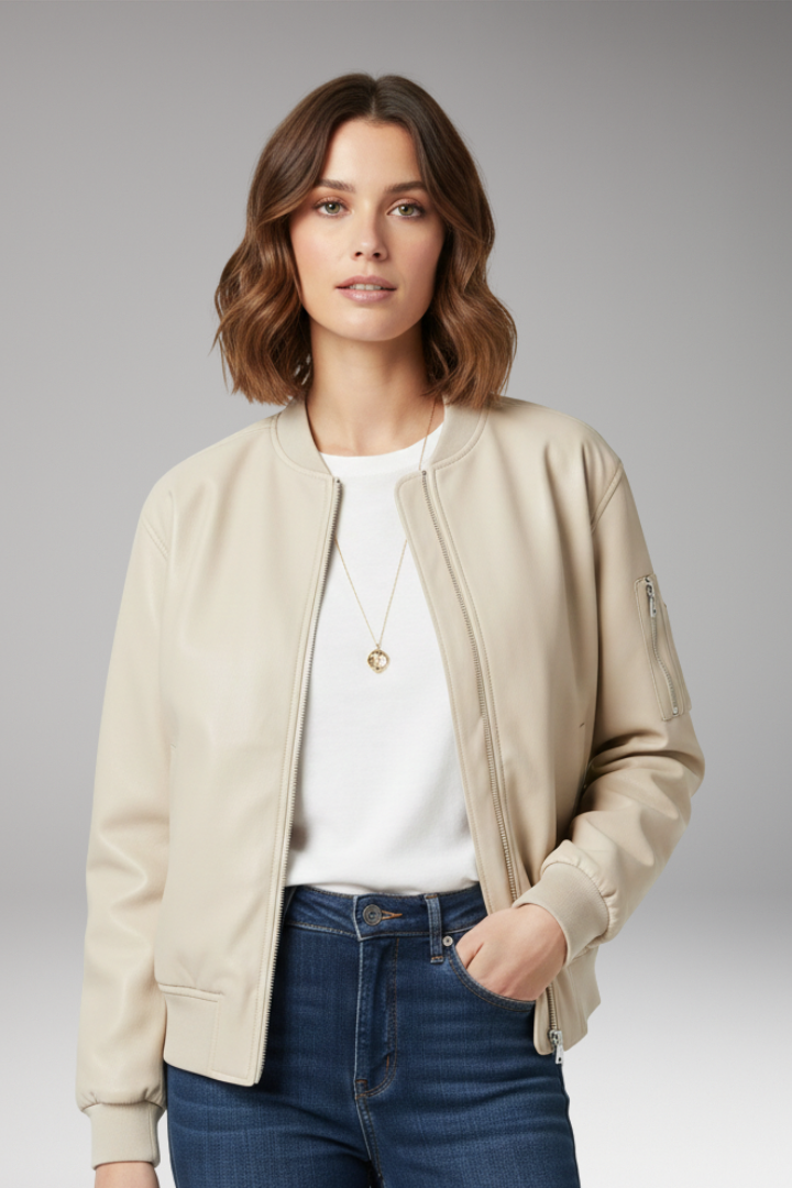 Women’s Bomber Jacket with Zipper and Ribbed Edges
