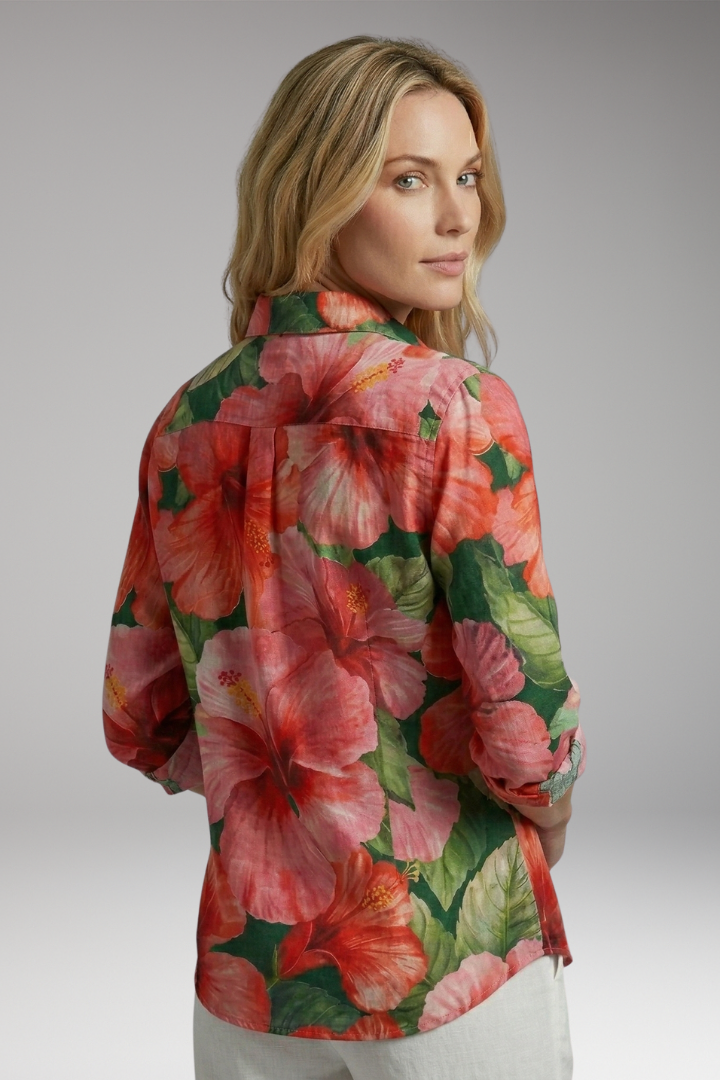 Women's Button-Down Blouse with Floral Print and Rolled-Up Sleeves