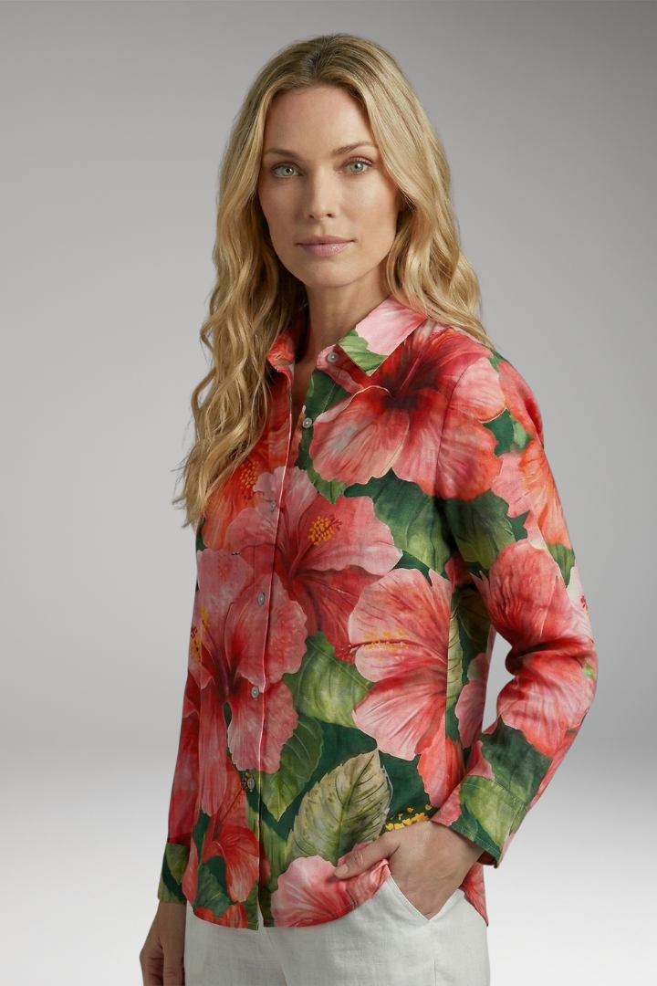 Women's Button-Down Blouse with Floral Print and Rolled-Up Sleeves