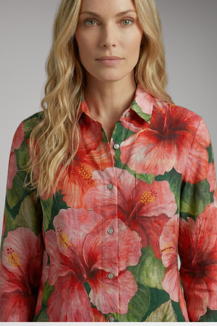 Women's Button-Down Blouse with Floral Print and Rolled-Up Sleeves