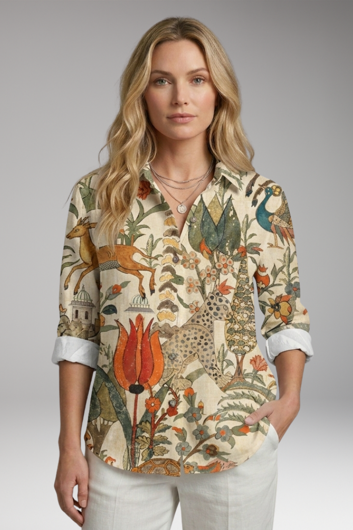 Women's Button-Down Blouse with Floral Print and Rolled-Up Sleeves