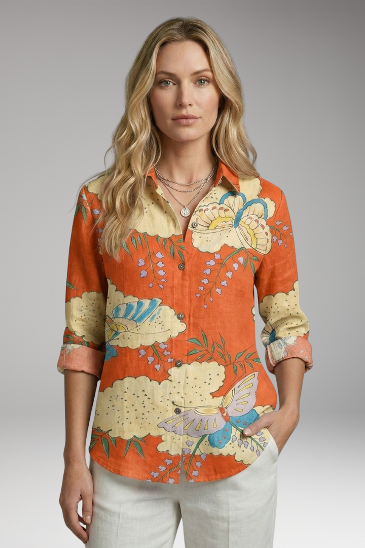 Women's Button-Down Blouse with Floral Print and Rolled-Up Sleeves