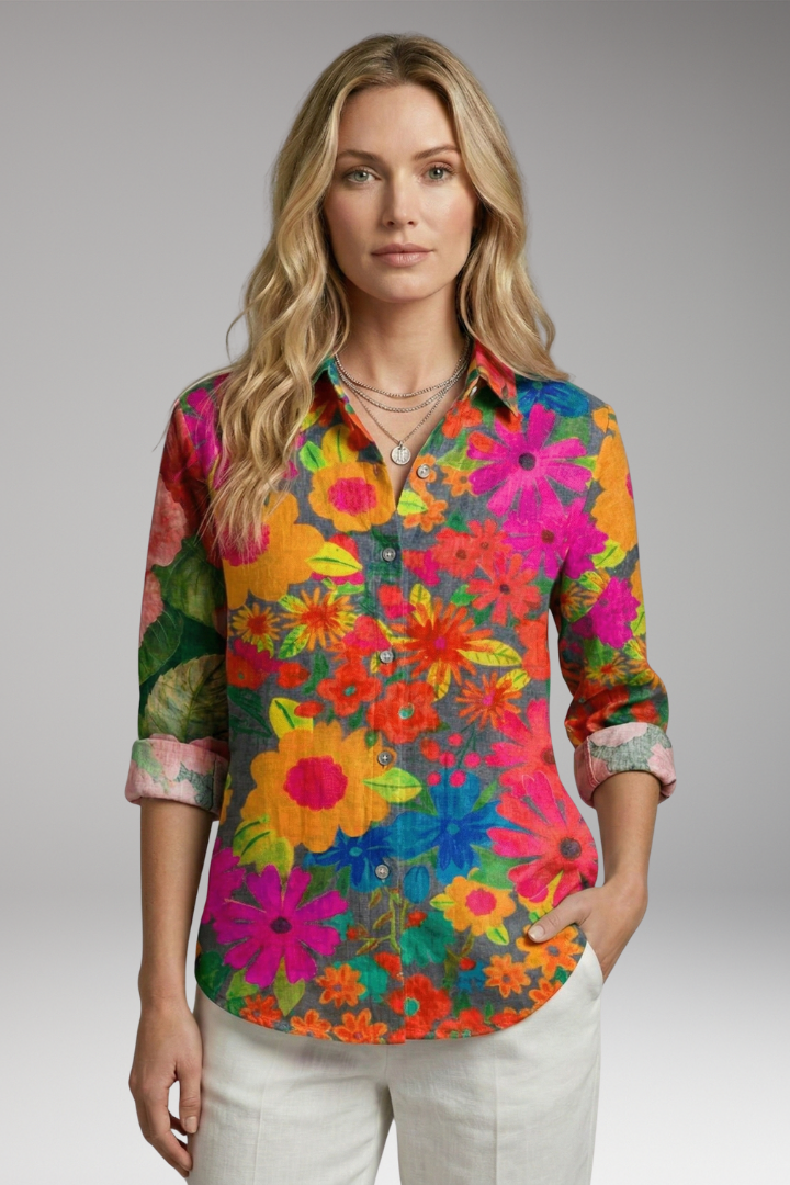 Women's Button-Down Blouse with Floral Print and Rolled-Up Sleeves
