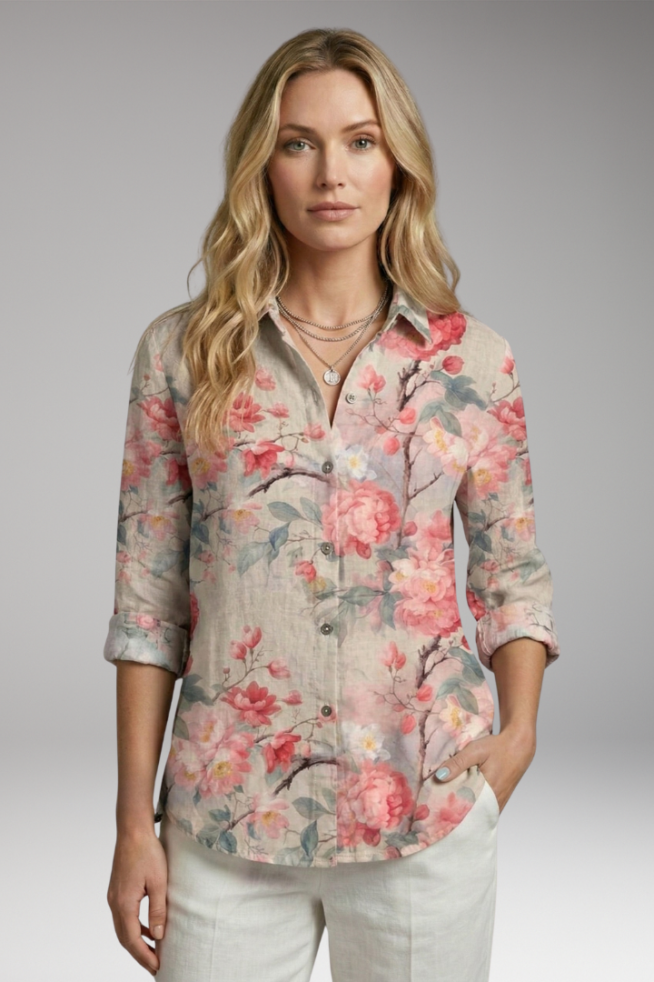 Women's Button-Down Blouse with Floral Print and Rolled-Up Sleeves